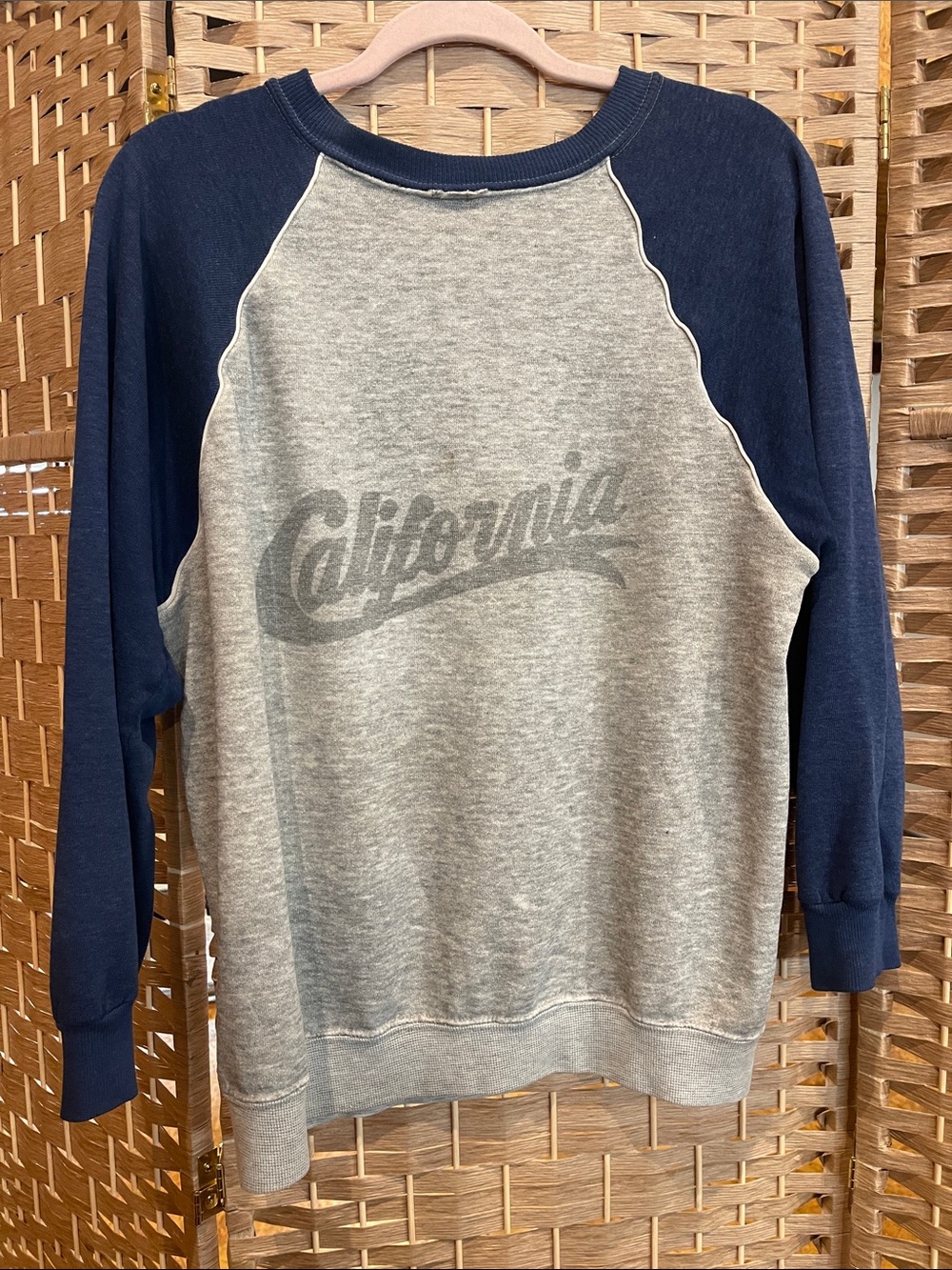 Vintage worn single stitch Raglan Sweatshirt Gray Body with Navy Sleeves